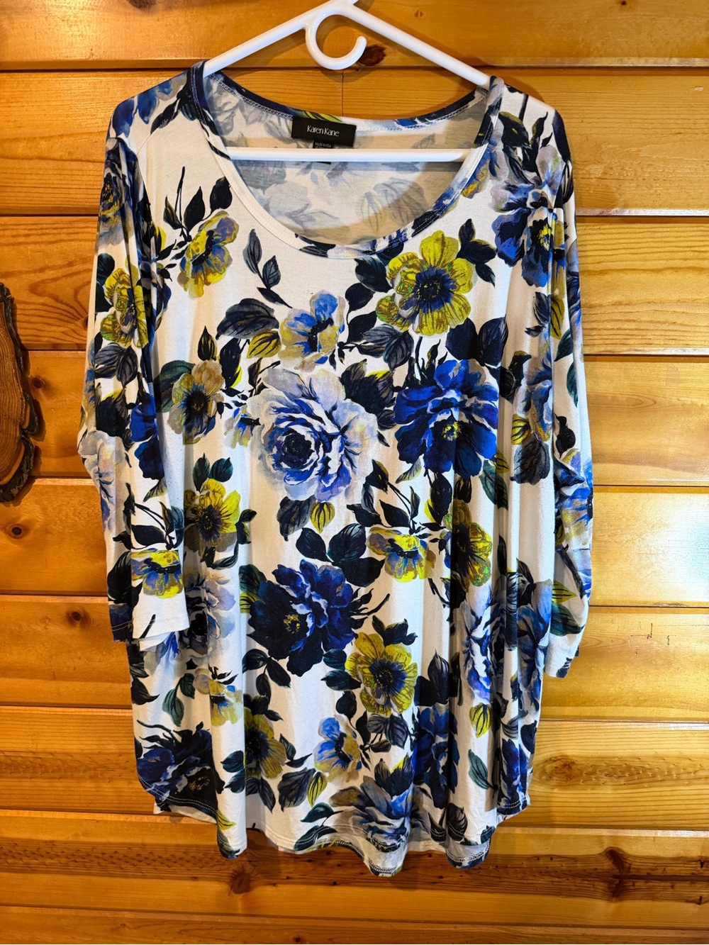Karen Kane White Floral Scoop Neck Top with Blue & Yellow Blooms